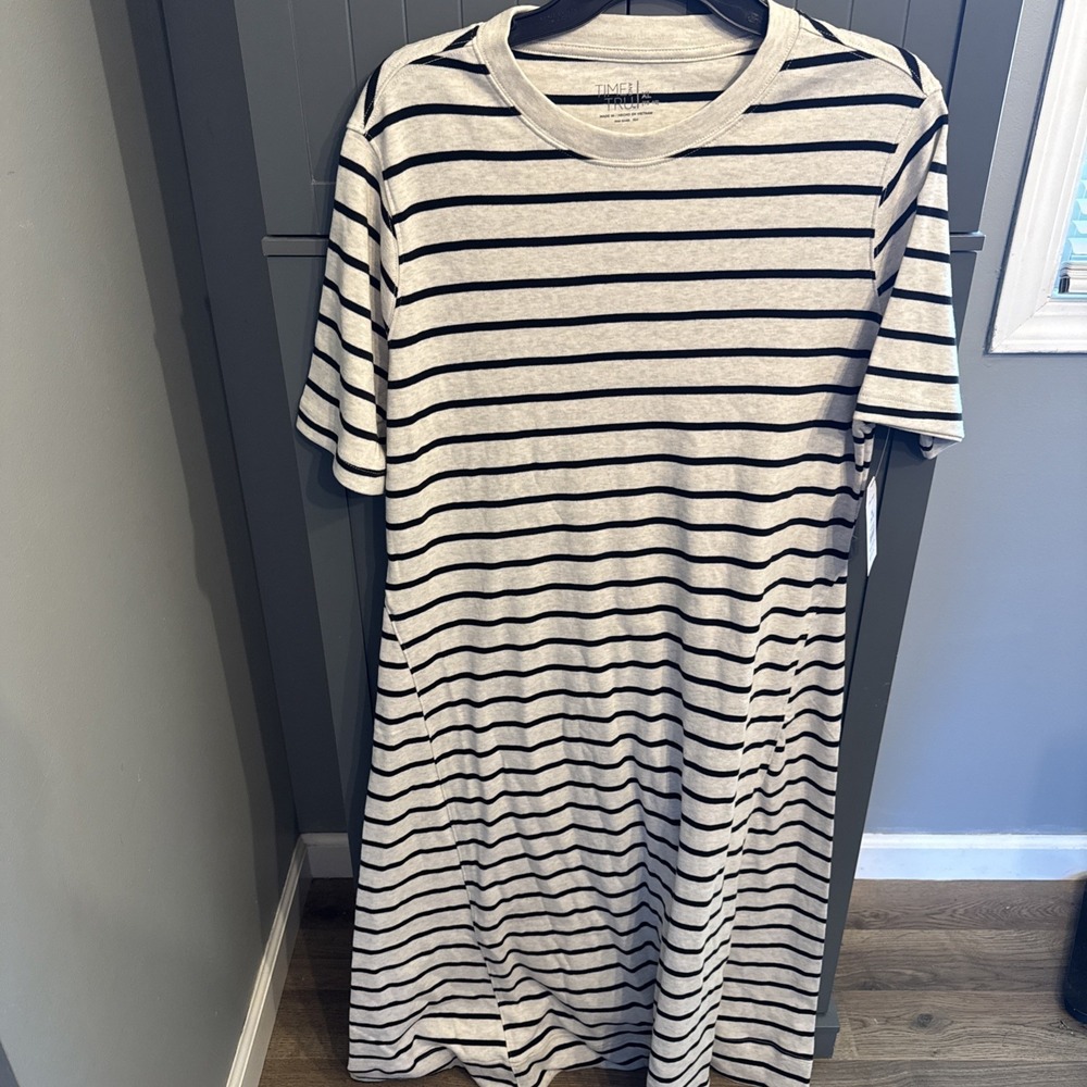New NWT Time and Tru Women's 100% Cotton Black Soot Striped Seamed Midi Dress XL - Picture 2 of 7